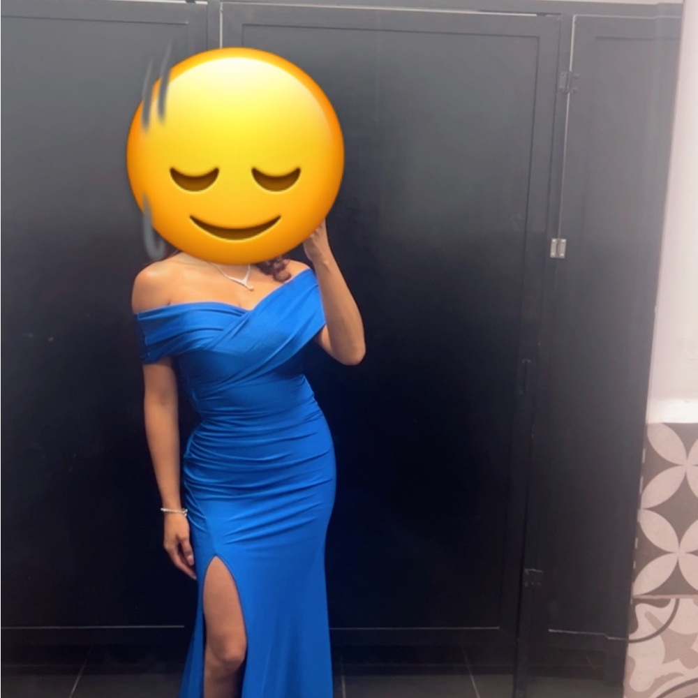 Glam Blue Off-Shoulder Slit Gown